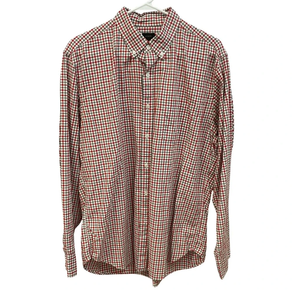 J. Crew Mens Button Down Shirt Checkered Plaid Long Sleeve Red Gray L